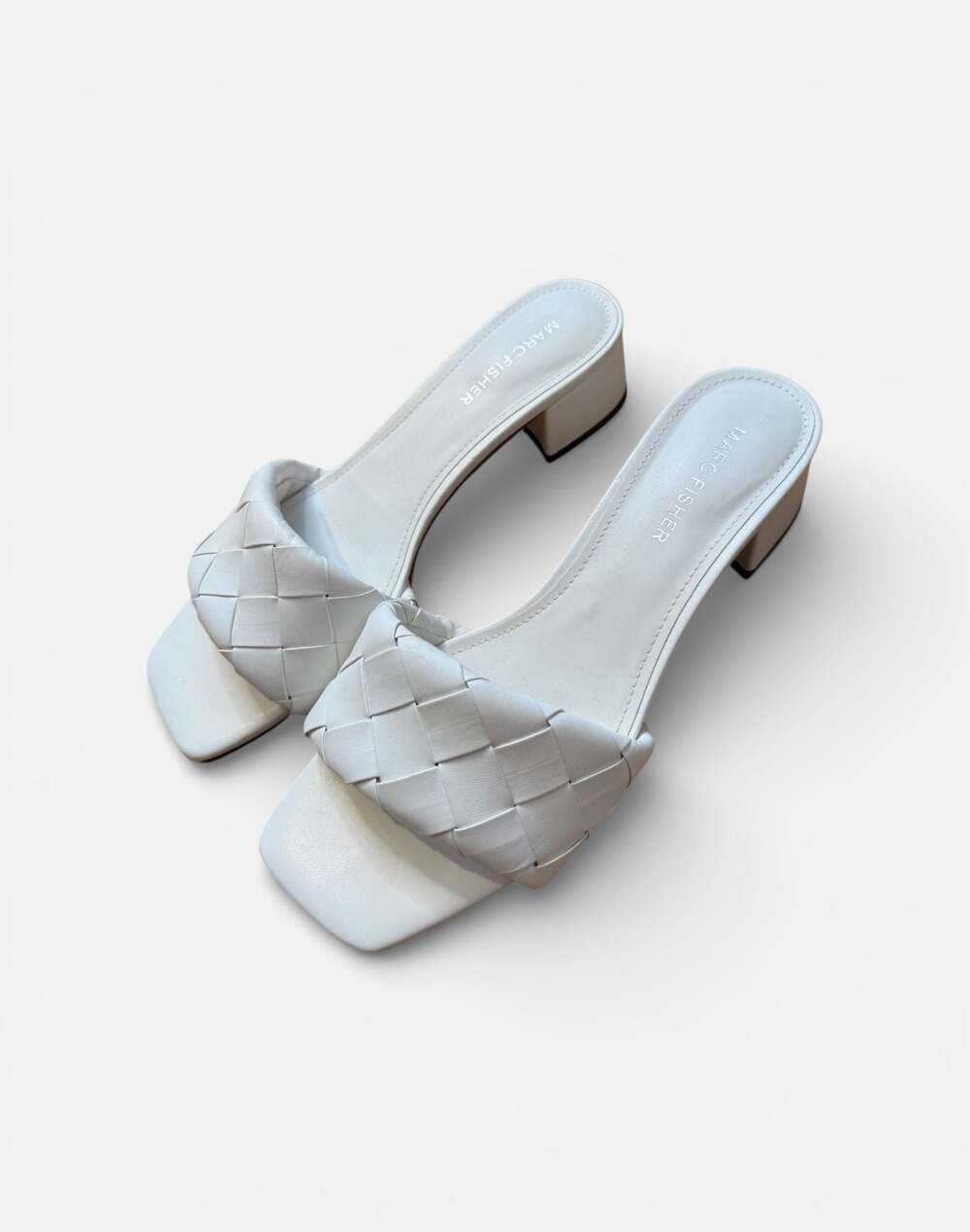 Marc Fisher Casper White Woven Leather Block Heel Mules